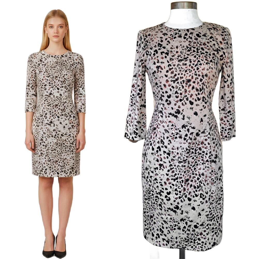 Black Halo Leopard Print Sheath Dress Beige Neutral Workwear Pencil Dress